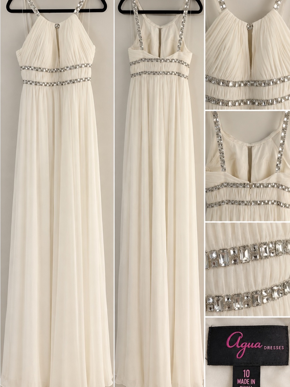 Agua Dresses Ivory Chiffon Rhinestone Crystal Formal Gown Size 10